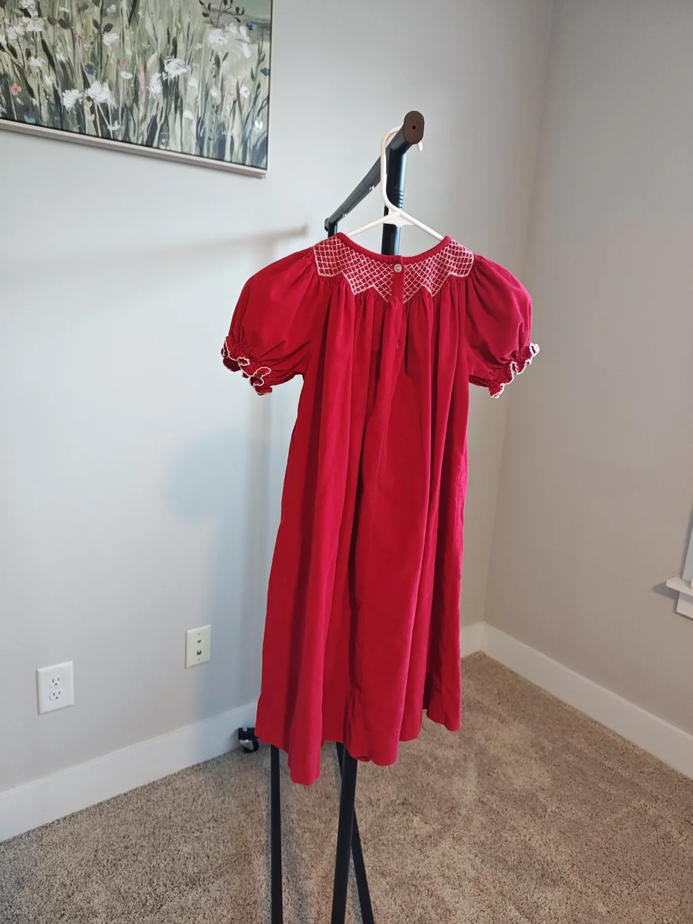 Classic Red Smocked Kids Puff Sleeve Dress